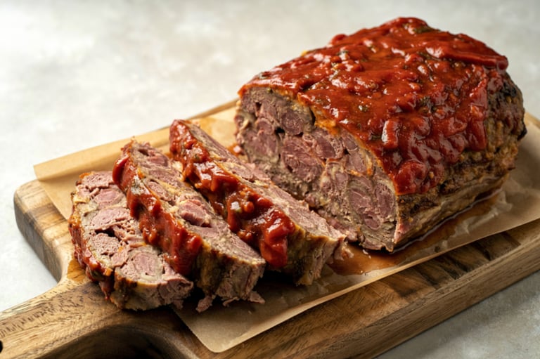 Home-cooked meatloaf on a wooden cutting board