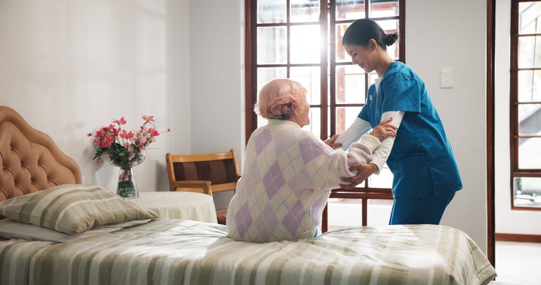 Senior woman, caregiver and assistance with care in assisted living, friendly support in nursing home