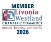 Livonia Westland Chamber of Commerce member badge 2026 with tagline people, business, community